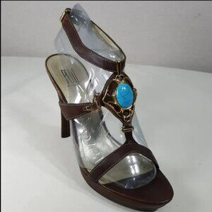 Pelle Moda Sz 9.5 Turquoise Jewel Embellished Heeled Ankle Strap Sandals